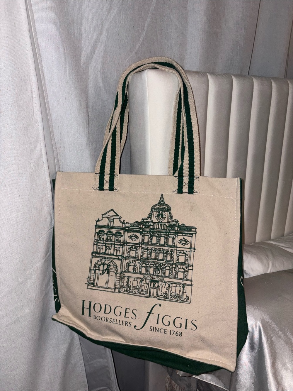 Beige & Green Canvas Tote Bag